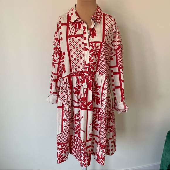 Anthropologie Maeve Red White Cotton Printmaker Poplin Long Sleeve Shirtdress L - Picture 5 of 12